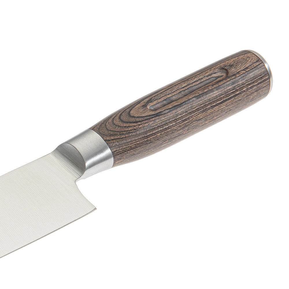 Professional Chef Knife - Handle Detail | KaiLionCrafts :A detailed close-up of the ergonomic Pakkawood handle of a chef knife isolated on white background, SKU: KL-KK-SS-026.