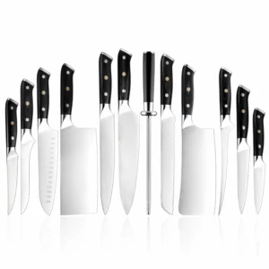 12-piece professional high carbon stainless steel kitchen knife set with black pakkawood handles isolated on white background. SKU: KL-KK-ST-020