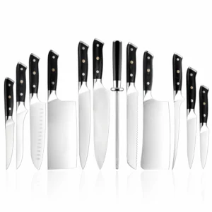 12-piece professional high carbon stainless steel kitchen knife set with black pakkawood handles isolated on white background. SKU: KL-KK-ST-020