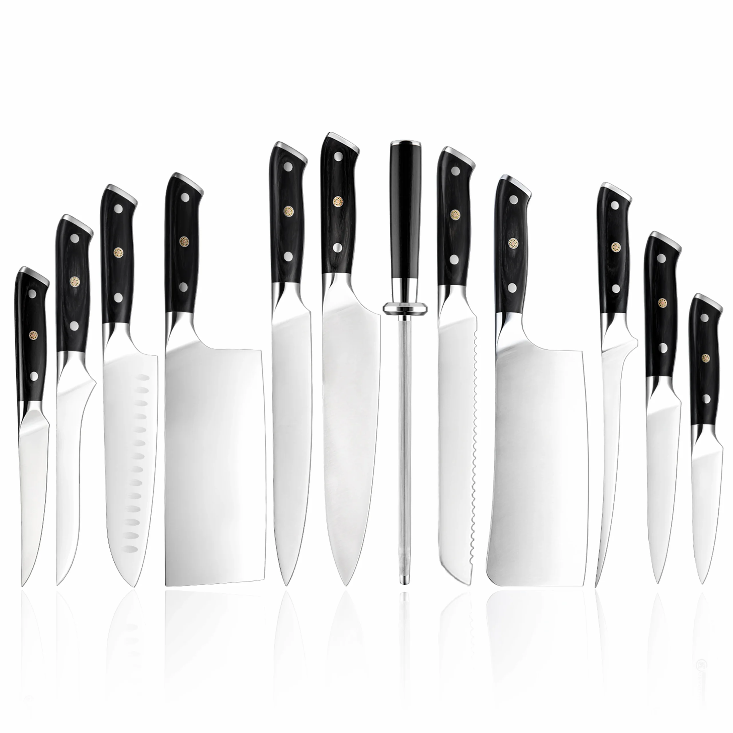 12-piece professional high carbon stainless steel kitchen knife set with black pakkawood handles isolated on white background. SKU: KL-KK-ST-020