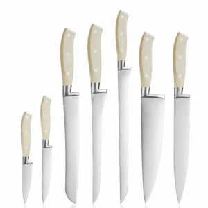 7-piece high carbon stainless steel kitchen knife set with cream white handles isolated on white background. SKU: KL-KK-ST-025