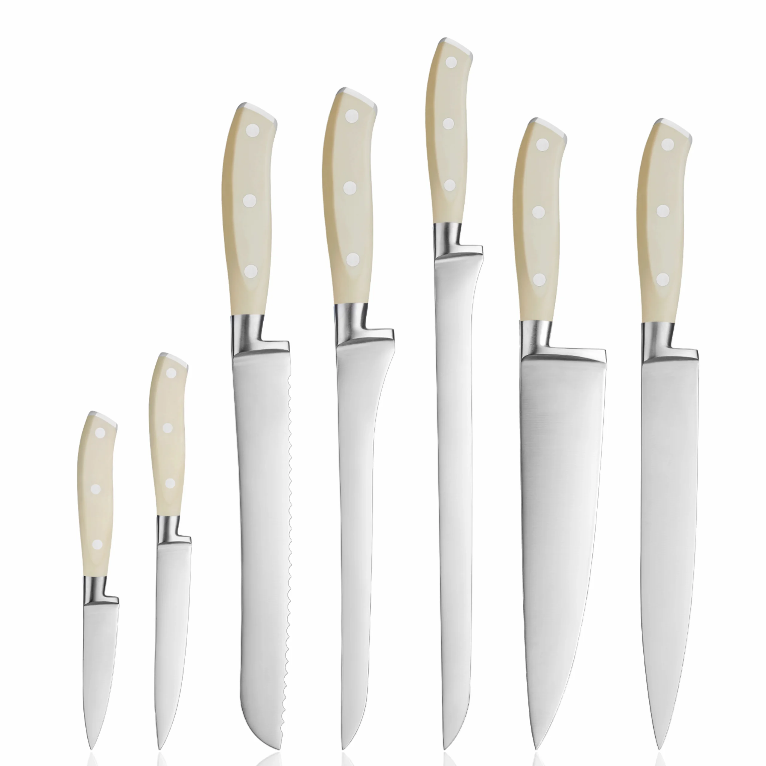 7-piece high carbon stainless steel kitchen knife set with cream white handles isolated on white background. SKU: KL-KK-ST-025