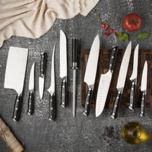 12-piece high carbon stainless steel kitchen knife set with black pakkawood handles on workbench setting. SKU: KL-KK-ST-020
