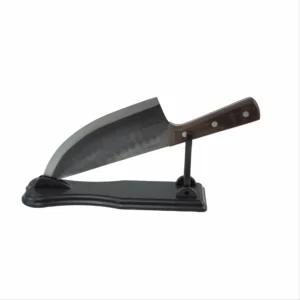 Hand forged high carbon steel cleaver on black display stand isolated on white background KL-KN-HC-002