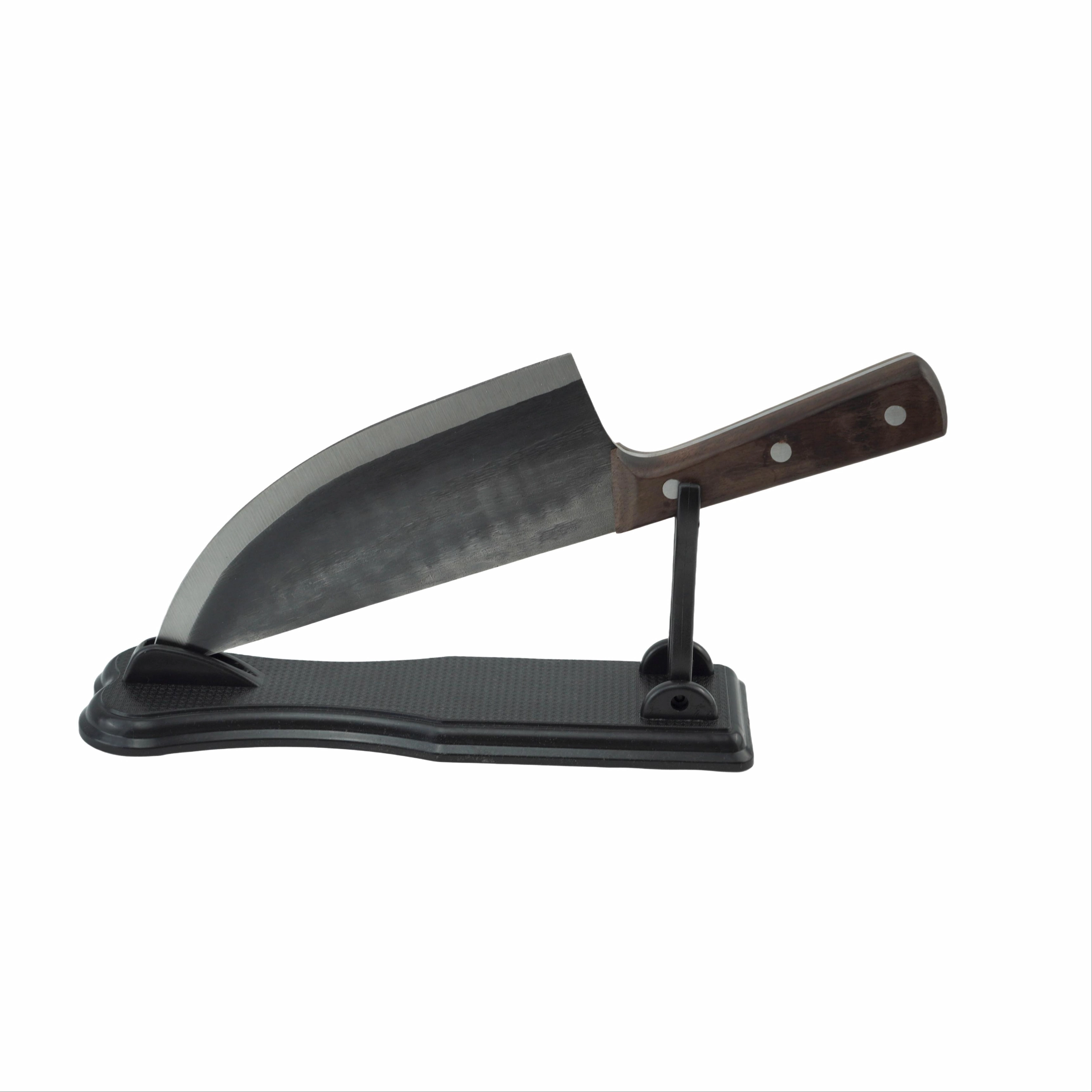 Hand forged high carbon steel cleaver on black display stand isolated on white background KL-KN-HC-002