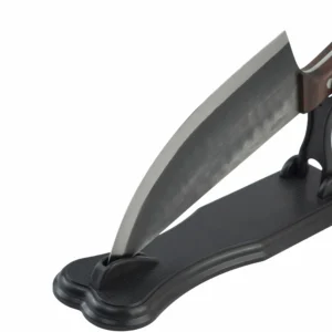 Hand forged high carbon steel cleaver displayed on black stand isolated on white background KL-KN-HC-002