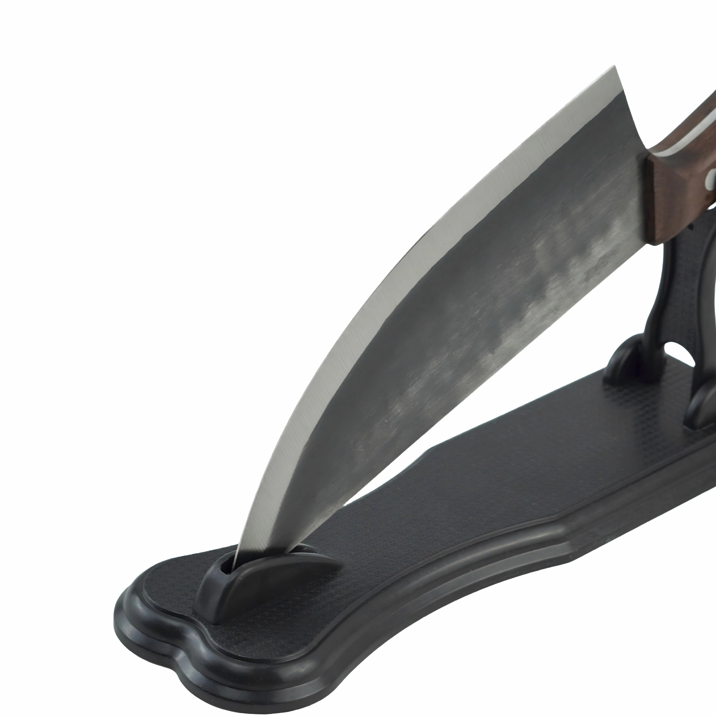 Hand forged high carbon steel cleaver displayed on black stand isolated on white background KL-KN-HC-002