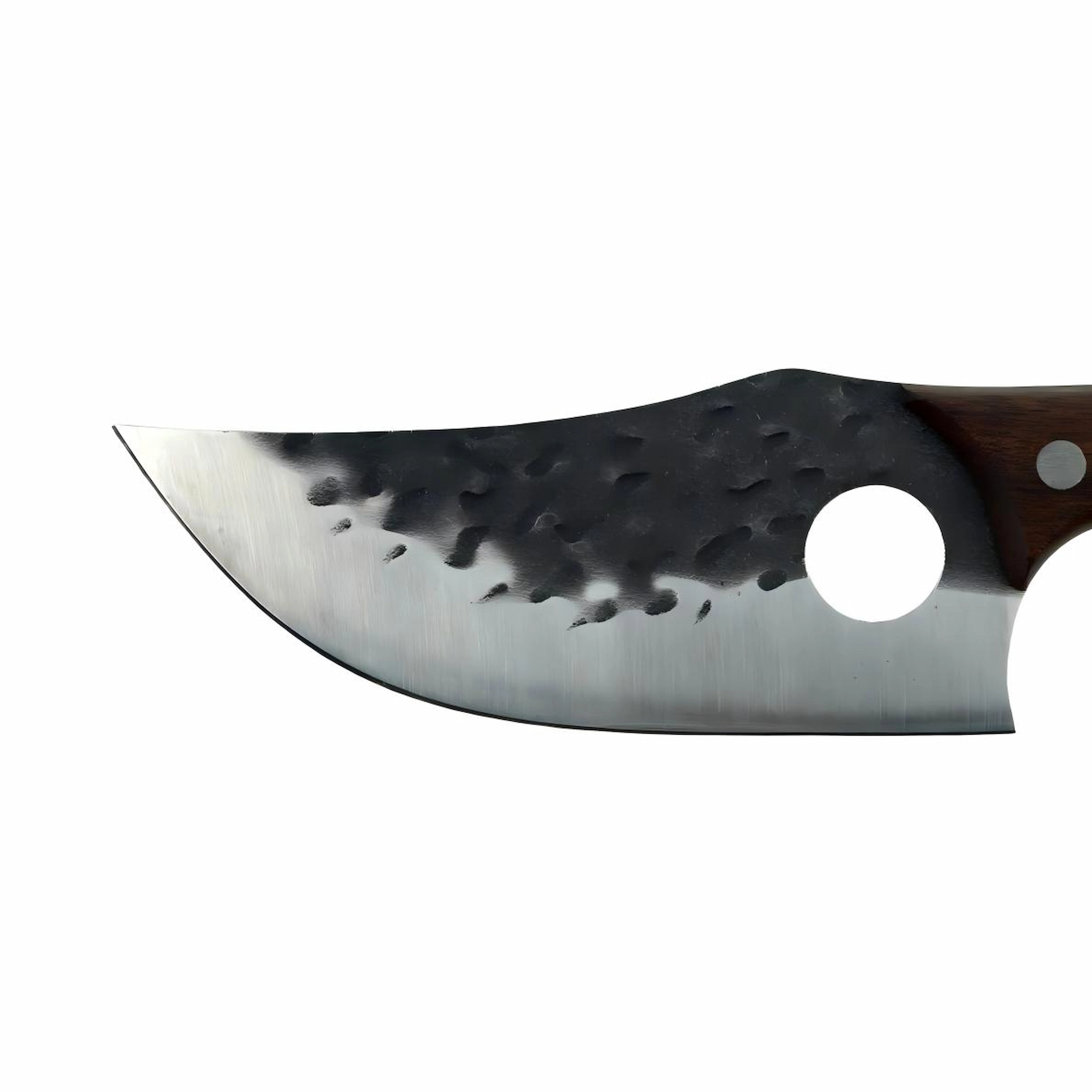 Hand-hammered carbon steel hunting knife blade close up isolated on white background. SKU KL-OD-HC-006