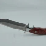 Back view of fixed blade hunting knife with a wood handle on an acrylic stand. KL-OD-HC-001-09 图片标题：Fixed Blade Hunting Knife - Ergonomic Back Profile | KaiLionCrafts