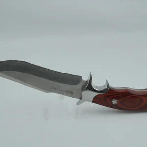 Back view of fixed blade hunting knife with a wood handle on an acrylic stand. KL-OD-HC-001-09 图片标题：Fixed Blade Hunting Knife - Ergonomic Back Profile | KaiLionCrafts
