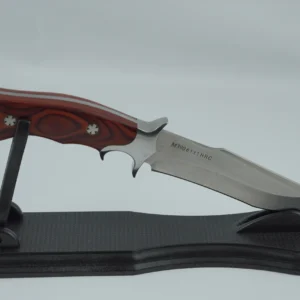 Fixed blade hunting knife with a pakkawood handle placed on a black display stand. KL-OD-HC-001-13