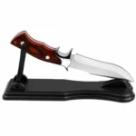 Fixed blade hunting knife with wood handle on display stand, isolated on white background. KL-OD-HC-001-19