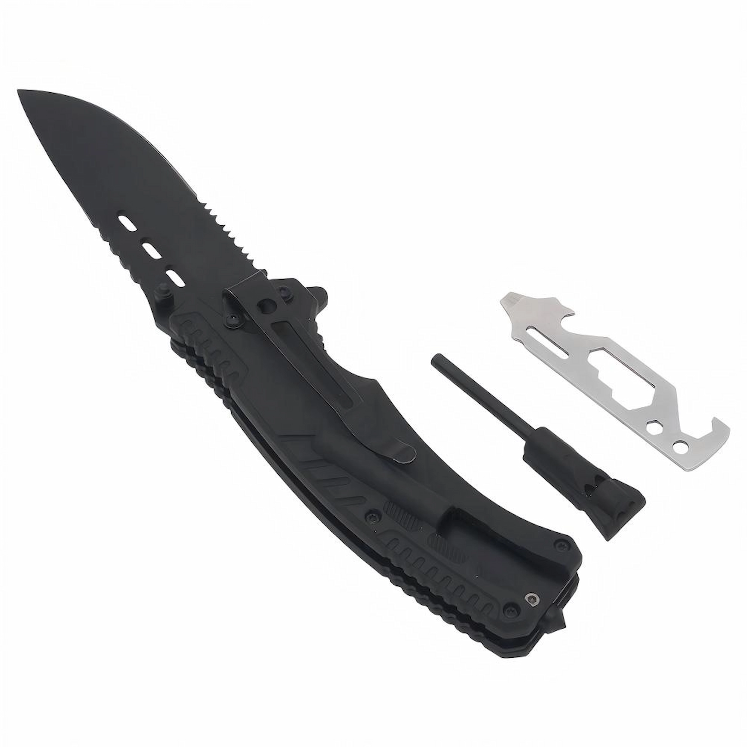 Black tactical hunting folding knife displayed with multi-tool accessories isolated on white background KL-OD-TI-010
