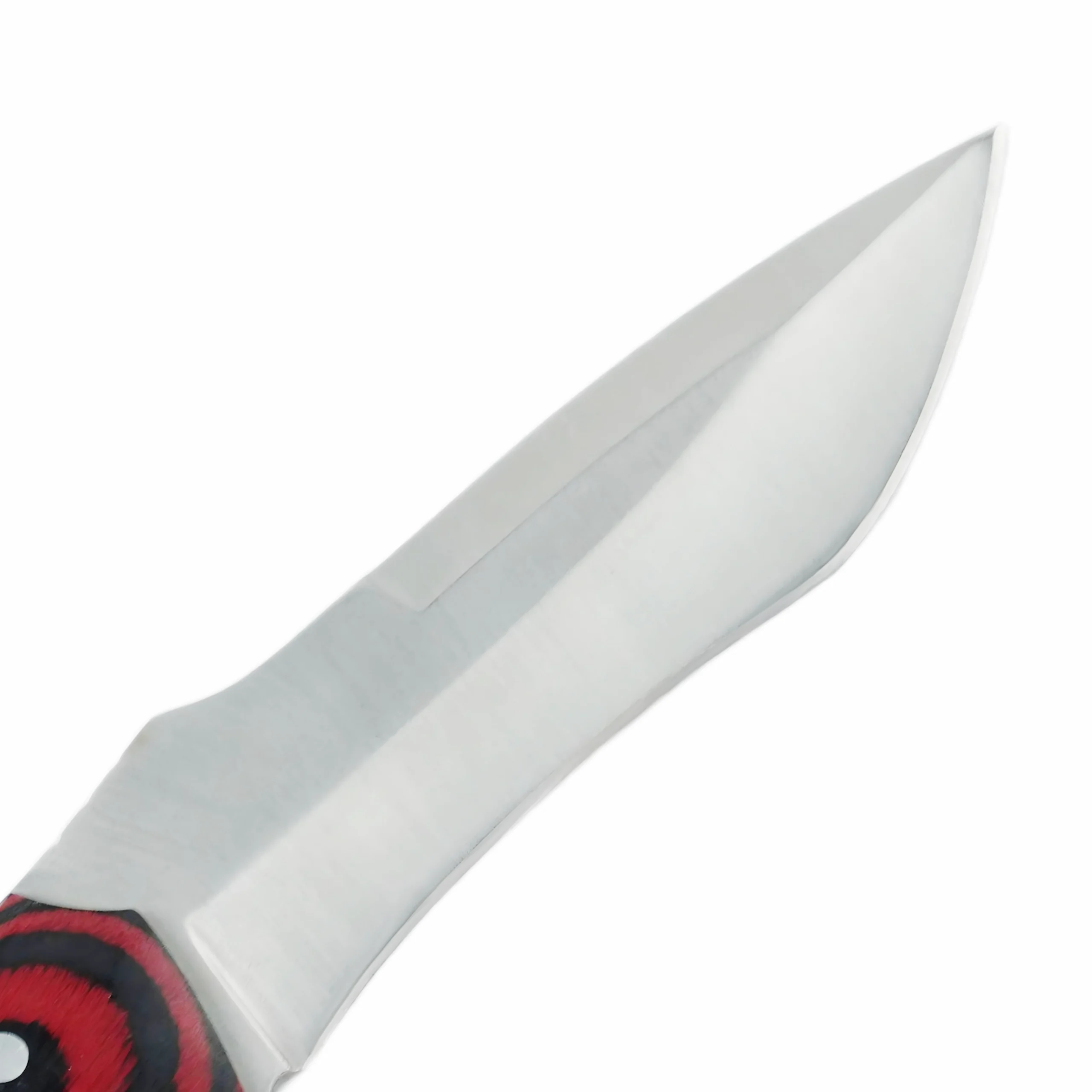 Fixed Blade Hunting Knife - Sharp Flat Grind Blade Showcase | KaiLionCrafts Close-up of the satin-finished stainless steel blade of a fixed blade hunting knife, isolated on white background. KL-OD-SS-022