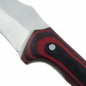 Fixed Blade Hunting Knife - Layered G10 Handle Detail | KaiLionCrafts Close-up of the red and black layered G10 fiberglass handle scales and mosaic pin on a hunting knife, isolated on white background. KL-OD-SS-022