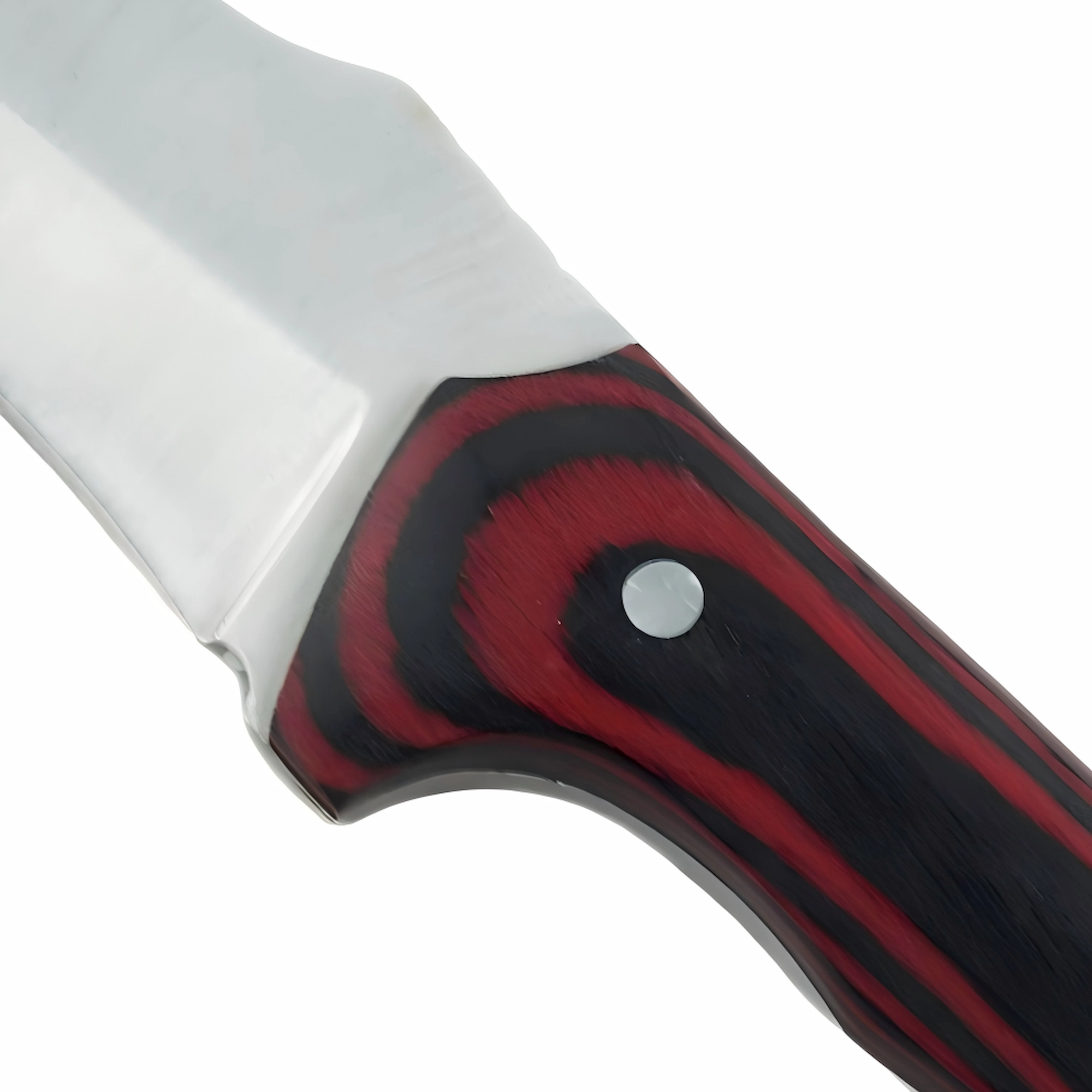 Fixed Blade Hunting Knife - Layered G10 Handle Detail | KaiLionCrafts Close-up of the red and black layered G10 fiberglass handle scales and mosaic pin on a hunting knife, isolated on white background. KL-OD-SS-022