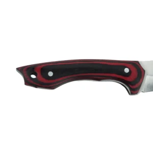 Fixed Blade Hunting Knife - Ergonomic Layered G10 Handle Profile | KaiLionCrafts Side profile view of the red and black layered G10 fiberglass handle with a lanyard hole on a fixed blade hunting knife, isolated on white background. KL-OD-SS-022