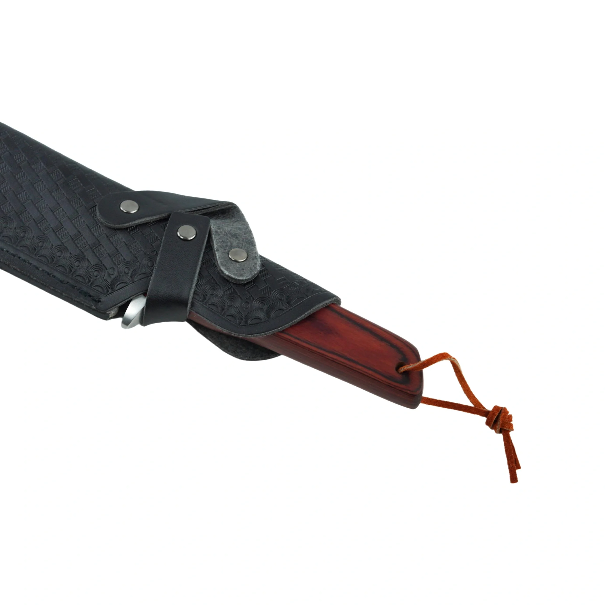 Hunting Knife Sheath and Handle Detail | KaiLionCrafts Close up of fixed blade hunting knife handle tucked into leather sheath isolated on white background, KL-OD-HC-005.