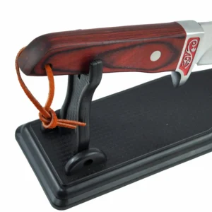 Hunting Knife Pakkawood Handle Detail | KaiLionCrafts Pakkawood handle of fixed blade hunting knife with leather lanyard on display stand isolated on white background, KL-OD-HC-005.