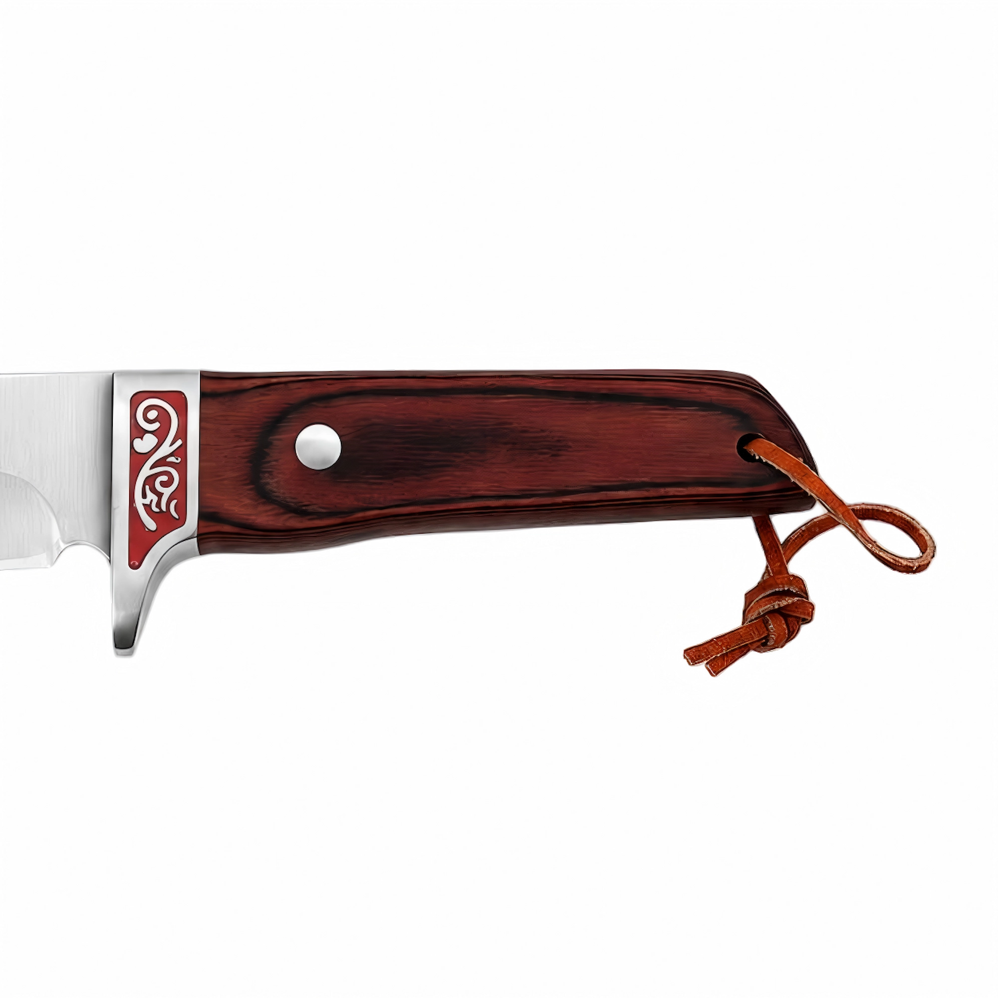 Hunting Knife Handle Detail - Close Up View | KaiLionCrafts Hunting knife rich redwood handle close up with leather lanyard isolated on white background, KL-OD-HC-005.