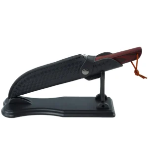 Hunting Knife with Leather Sheath Display | KaiLionCrafts Fixed blade hunting knife tucked in black leather sheath isolated on white background, KL-OD-HC-005.