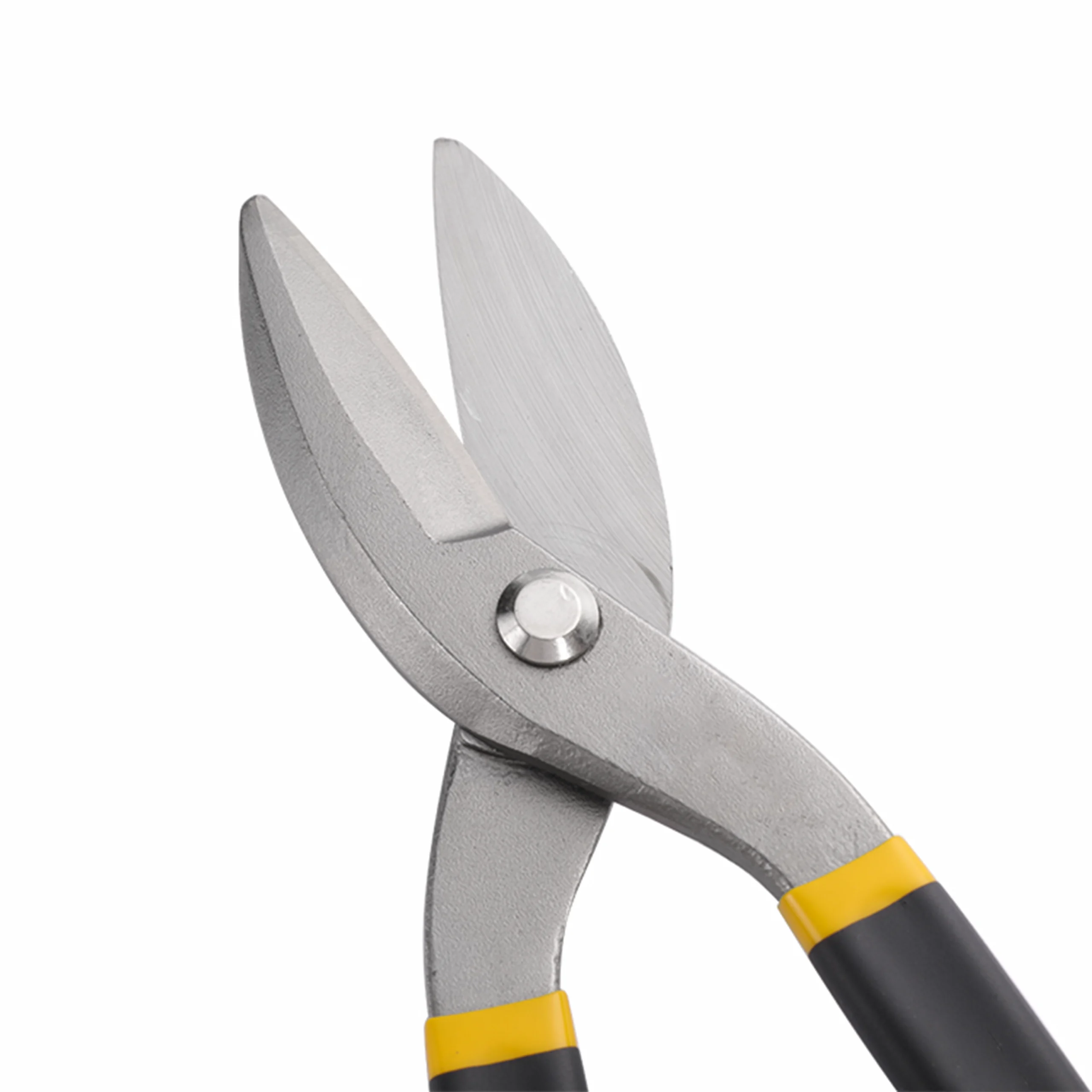 Close-up of straight-cut high carbon steel blades on industrial tin snips isolated on white background KL-SC-SS-012