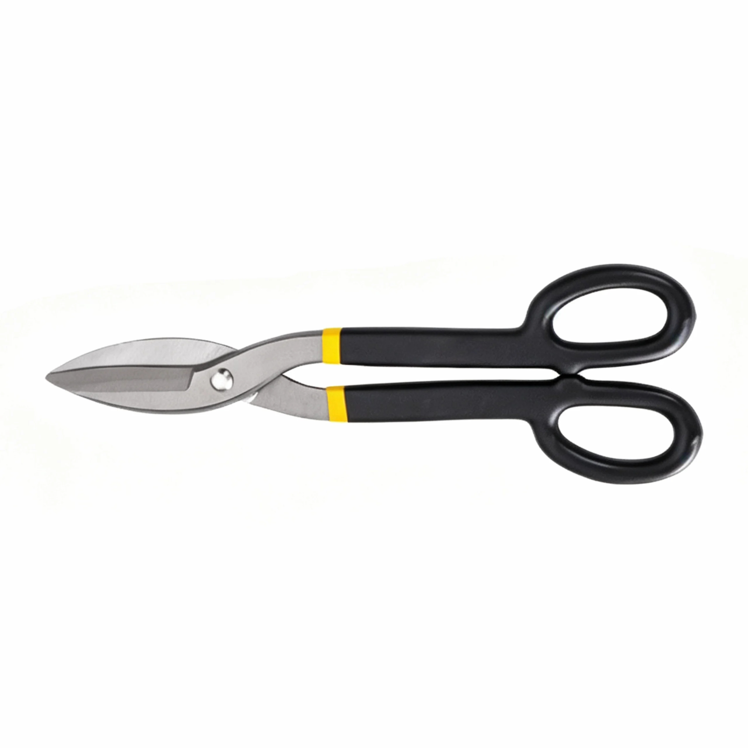 Industrial tin snips with black handles and yellow accents isolated on white background KL-SC-SS-012