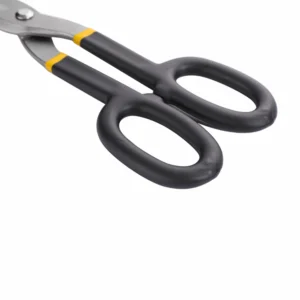 Close-up of ergonomic double-loop black handles with yellow accents on industrial tin snips isolated on white background KL-SC-SS-012