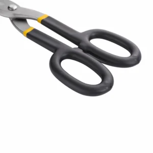 Close-up of ergonomic double-loop black handles with yellow accents on industrial tin snips isolated on white background KL-SC-SS-012