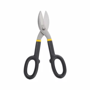 Industrial tin snips in opened view with black handles and yellow accents isolated on white background KL-SC-SS-012