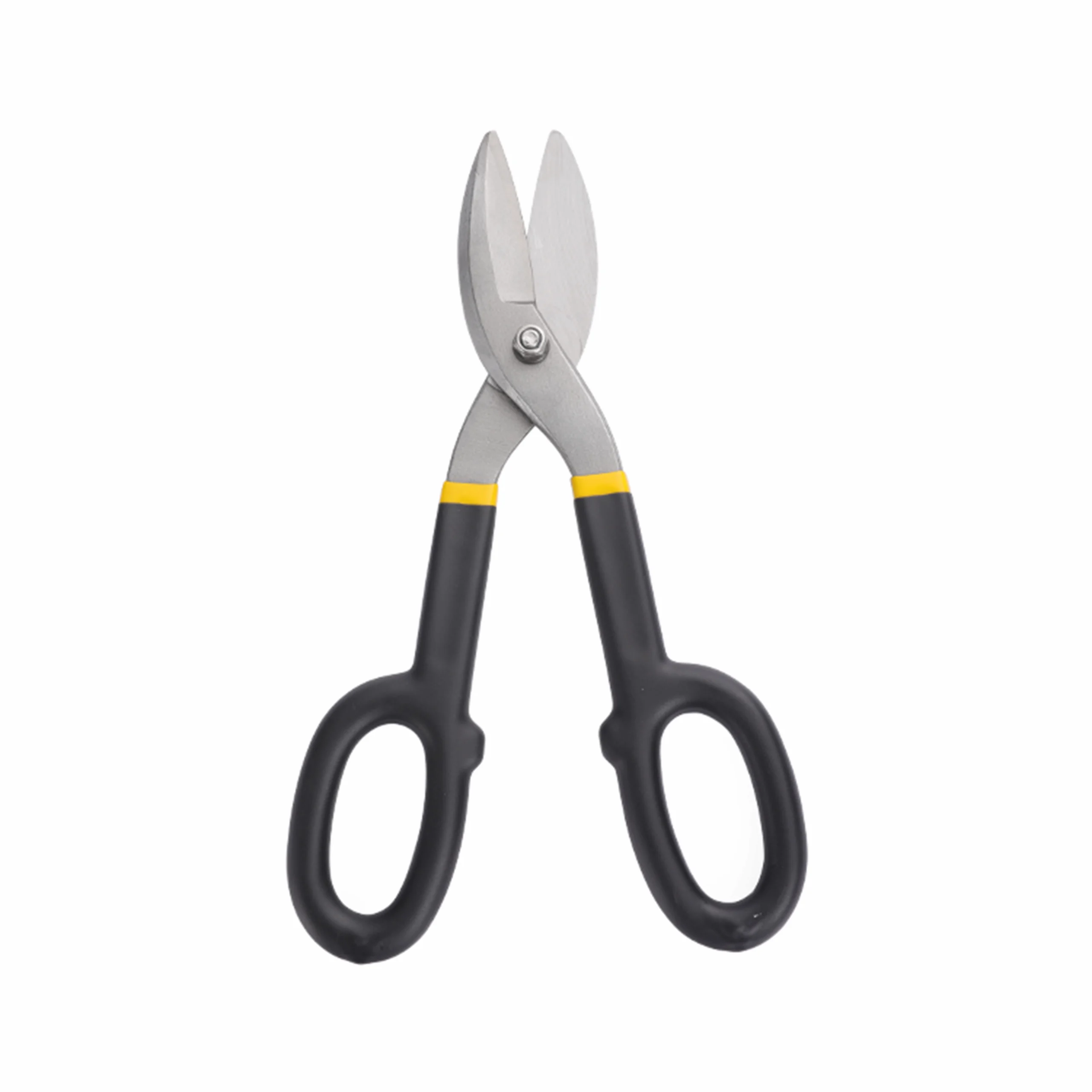 Industrial tin snips in opened view with black handles and yellow accents isolated on white background KL-SC-SS-012