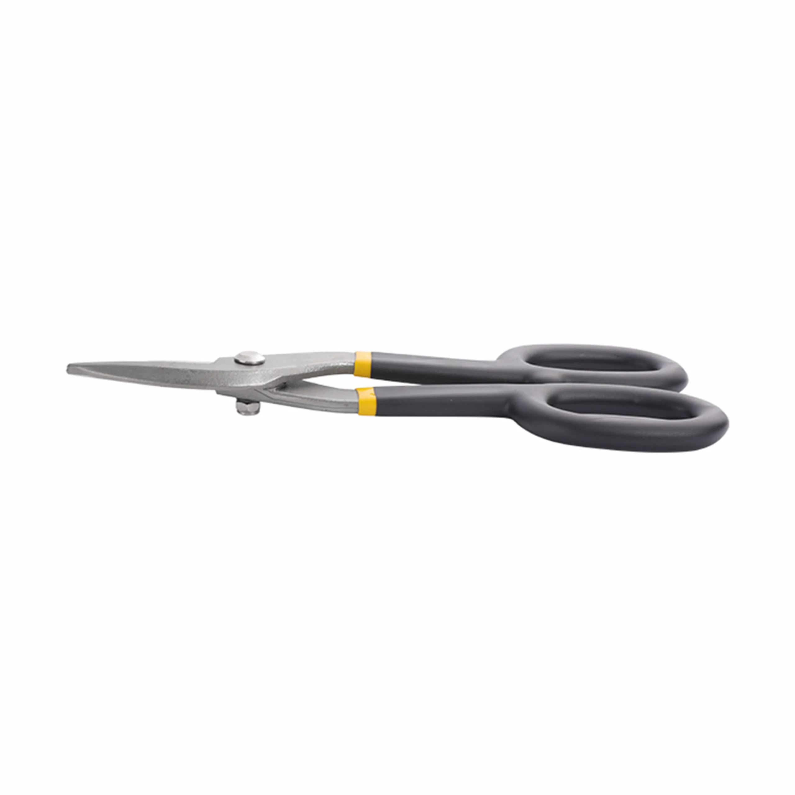 Side-view of closed industrial tin snips with black handles isolated on white background KL-SC-SS-012