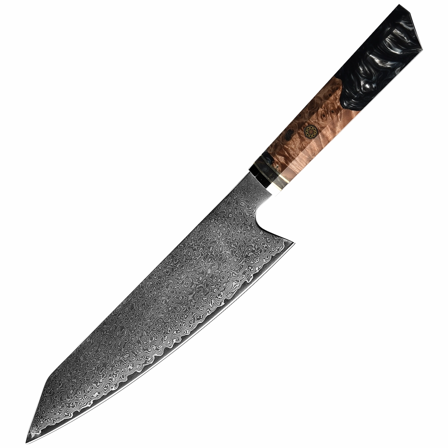 A 45 degree view of Damascus steel Kiritsuke chef knife with burl wood resin handle isolated on white background KL-KN-DS-008