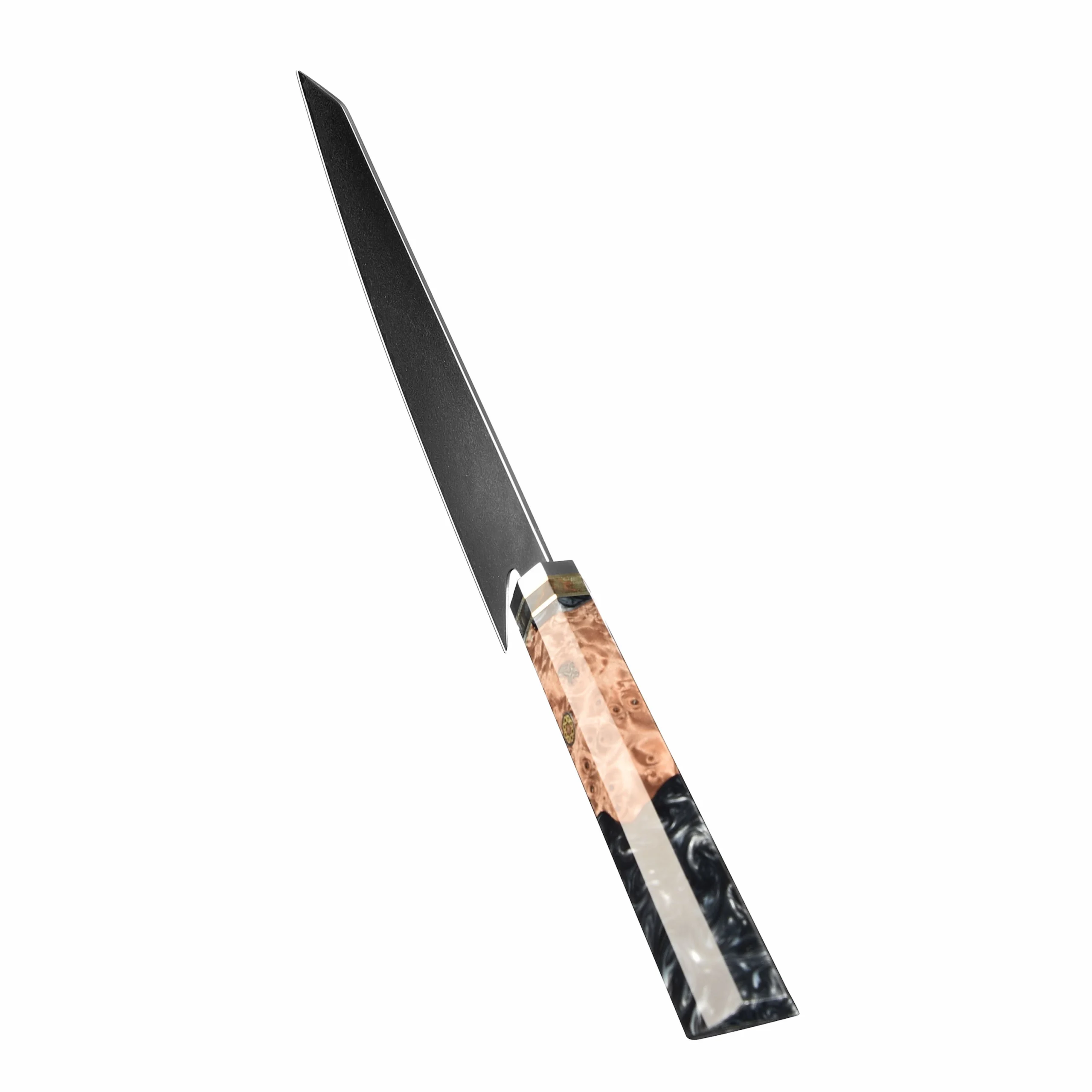 Kiritsuke utility knife with black finish blade and hybrid burl wood resin handle isolated on white background KL-KN-DS-008