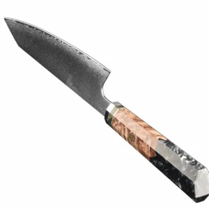 A 45 degree view of Damascus pattern Kiritsuke utility knife with burl wood resin handle isolated on white background KL-KN-DS-008