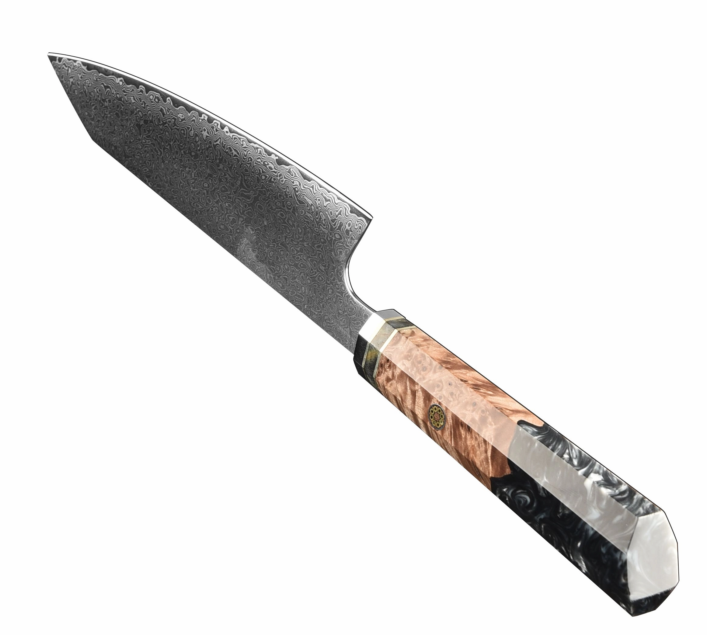 A 45 degree view of Damascus pattern Kiritsuke utility knife with burl wood resin handle isolated on white background KL-KN-DS-008