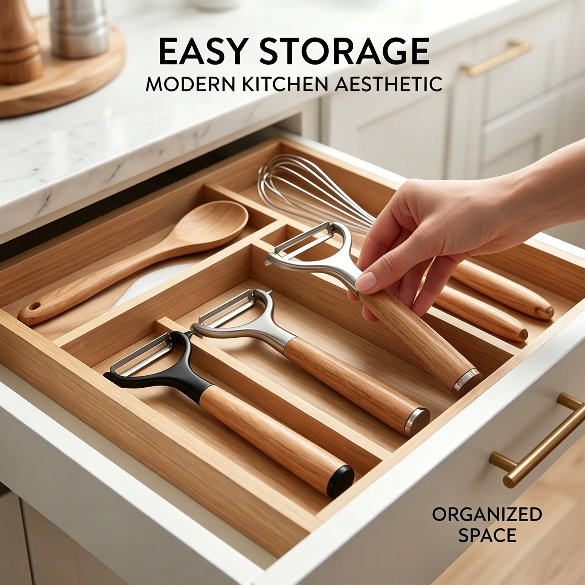 Three Y-shaped vegetable peelers organized inside a wooden kitchen drawer setting for easy storage, KL-KA-PL-001.