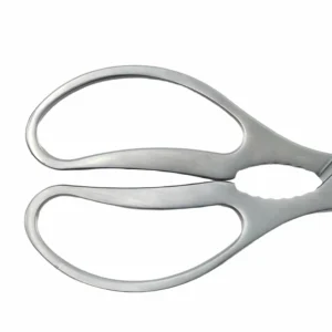 Close-up view of ergonomic all-metal integrated loops on stainless steel kitchen scissors isolated on white background KL-SC-SS-007.