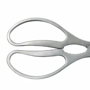 Close-up view of ergonomic all-metal integrated loops on stainless steel kitchen scissors isolated on white background KL-SC-SS-007.