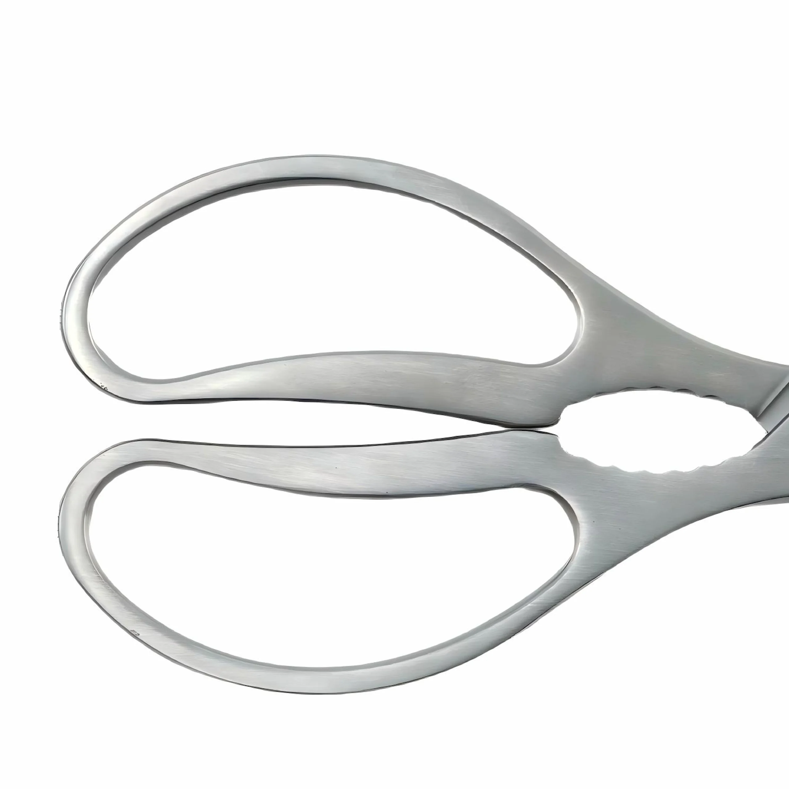 Close-up view of ergonomic all-metal integrated loops on stainless steel kitchen scissors isolated on white background KL-SC-SS-007.