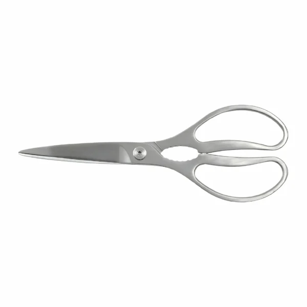 All-stainless steel heavy duty kitchen scissors with integrated metal handle isolated on white background KL-SC-SS-007.
