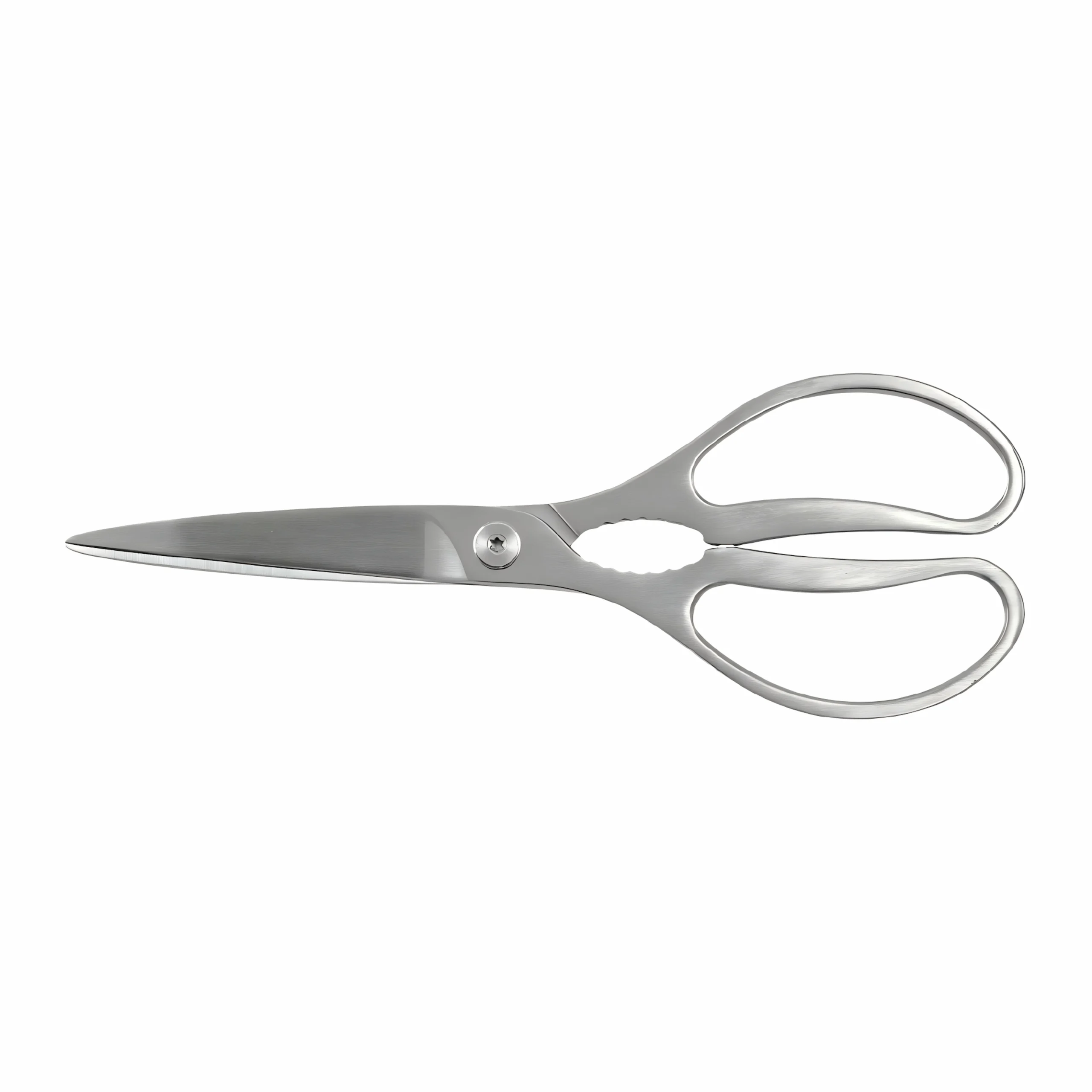 All-stainless steel heavy duty kitchen scissors with integrated metal handle isolated on white background KL-SC-SS-007.
