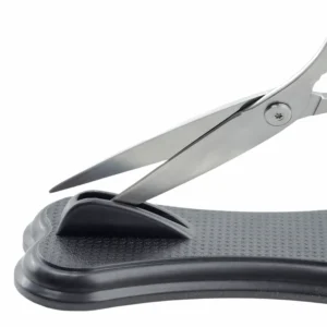 All-stainless steel kitchen scissors displayed with black base holder isolated on white background KL-SC-SS-007.