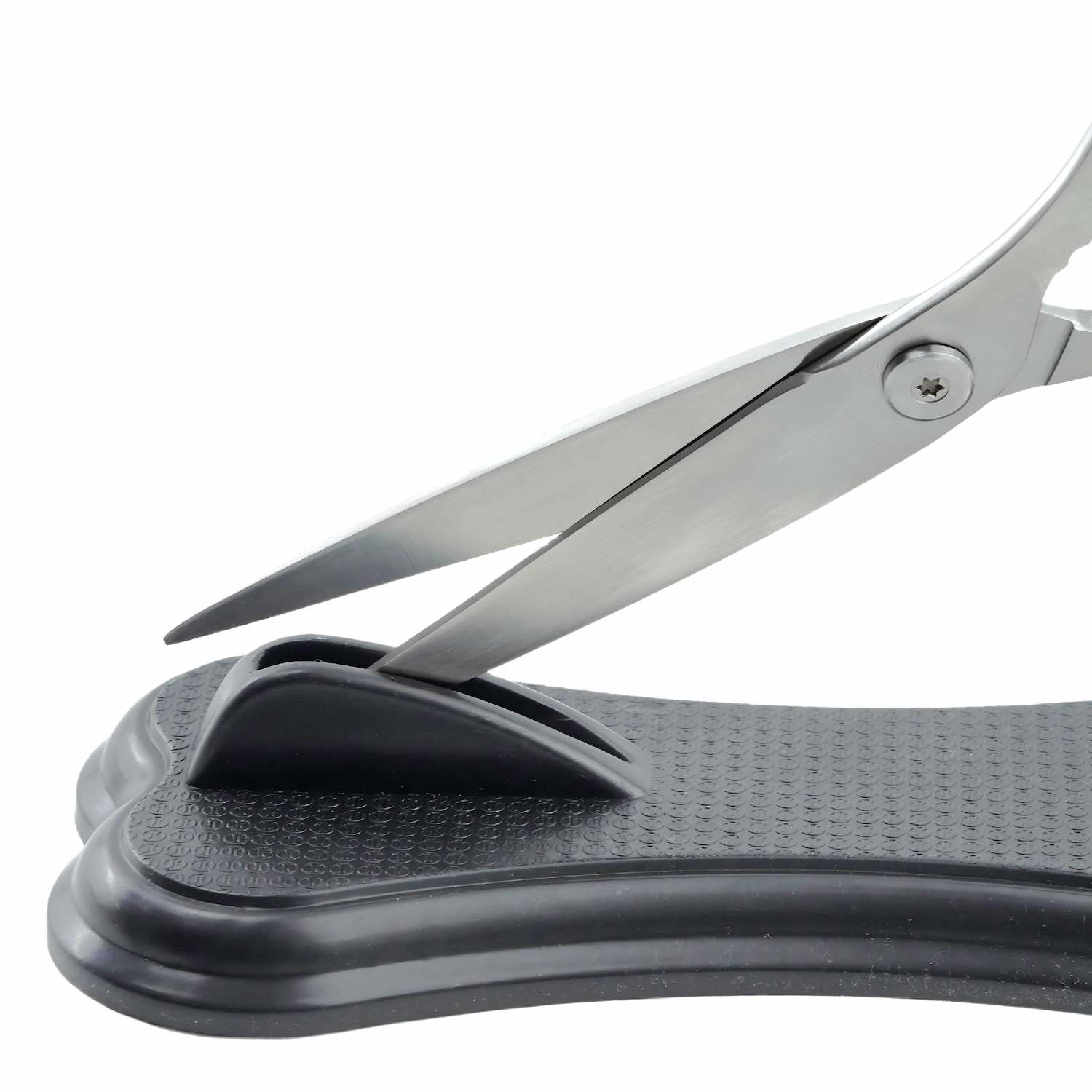 All-stainless steel kitchen scissors displayed with black base holder isolated on white background KL-SC-SS-007.