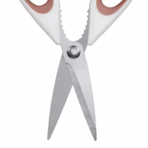 Detailed close-up of opened brushed stainless steel blades on kitchen scissors isolated on white background KL-SC-SS-005.