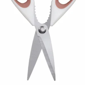 Detailed close-up of opened brushed stainless steel blades on kitchen scissors isolated on white background KL-SC-SS-005.