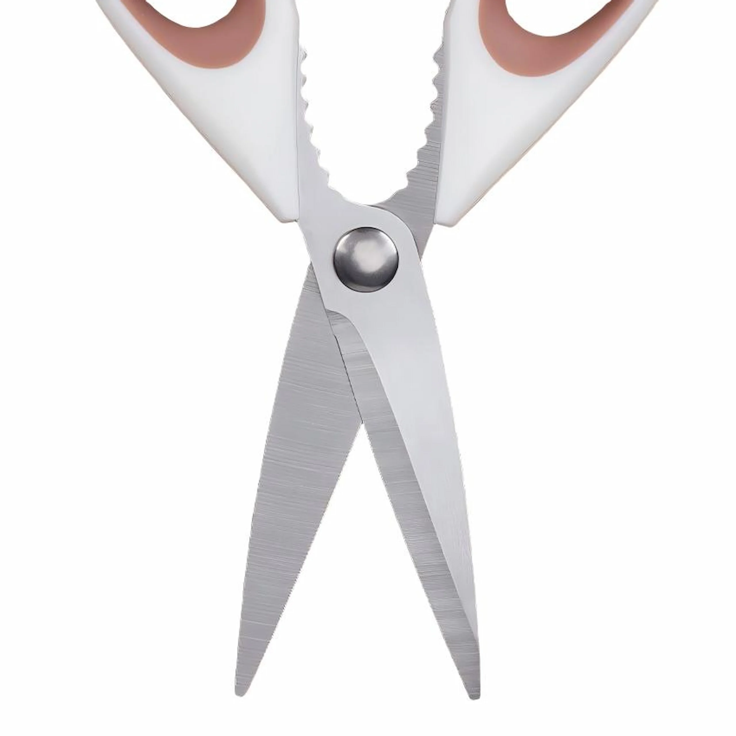 Detailed close-up of opened brushed stainless steel blades on kitchen scissors isolated on white background KL-SC-SS-005.