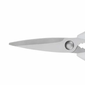 Detailed close-up of brushed satin stainless steel blades on kitchen scissors isolated on white background KL-SC-SS-005