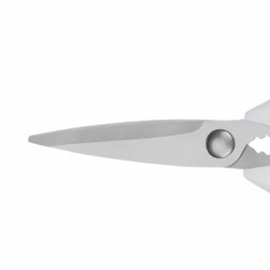 Detailed close-up of brushed satin stainless steel blades on kitchen scissors isolated on white background KL-SC-SS-005