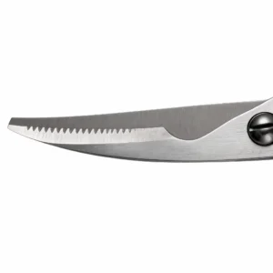 Close up of serrated stainless steel blade on kitchen scissors isolated on white background KL-SC-KT-002